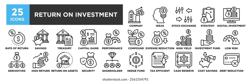 Return on Investment icon collection set. Containing design Company Growth, Investment Ideas, Stock Exchange, Investment Strategy, Digital Investment