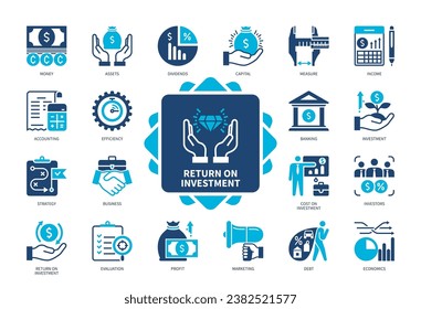 Return on Investment icon set. Accounting, Strategy, Dividend, Cost of Investment, Profit, Capital, Debt, Sales. Duotone color solid icons