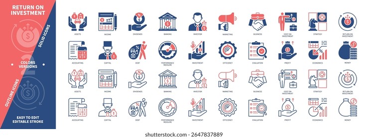 Conjunto de iconos de retorno de la inversión. Contabilidad, Estrategia, Dividendo, Costo de Inversión, Ganancia, Capital, Deuda, Banca. Iconos de contorno sólidos y editables de color duotono