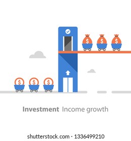 Return on investment, income growth, revenue increase, financial productivity, fund raising concept, evaluation, mutual fund, low risk, business profit, money flow, vector flat illustration