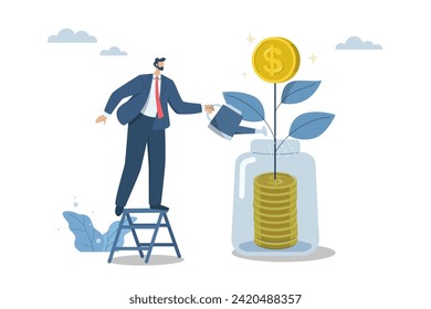 Return on investment or interest on deposits, Wealth from savings, Personal finance management concepts, Businessman is watering a growing money plant and is issuing coins. Vector design illustration