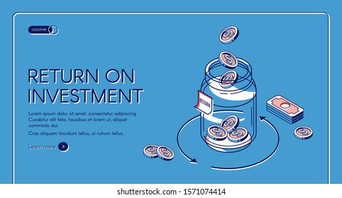 Return On Investment Isometric Landing Page, Dollar Coins Fall To Glass Jar With Loop Arrow And Bills Around, Invest Fund Increase Money Finance Business 3d Vector Illustration, Line Art Web Banner