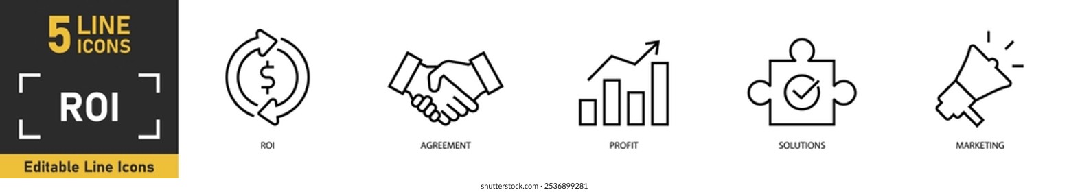 Conjunto de ícones de retorno sobre o investimento. Conjunto de 5 ícones de resumo relacionados a retorno sobre o investimento, contrato, lucro, soluções, marketing e muito mais. Ilustração vetorial.