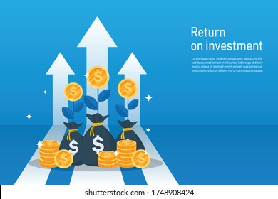 El concepto de rentabilidad de la inversión y el beneficio. Aislado sobre fondo azul. Planta de monedas en dólares de crecimiento de empresas.  La gráfica de flecha aumenta hasta el éxito. ilustración vectorial diseño plano de plantilla moderna.