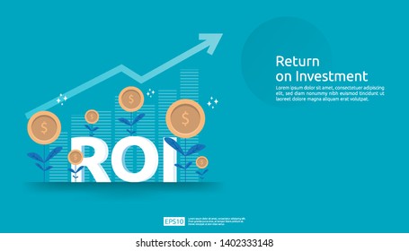Return on investment, profit opportunity concept. business growth arrows to success. ROI text with success arrow graph chart increase and grow dollar coins plant. business banner vector illustration.