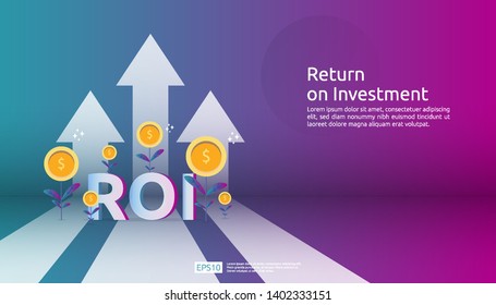 Return on investment, profit opportunity concept. business growth arrows to success. ROI text with success arrow graph chart increase and grow dollar coins plant. business banner vector illustration.