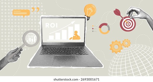 ROI-Analyse (Return on Investment). Eine modische Halbtoncollage. Konzept der Marktforschung Datenanalyse, Geschäftsdatenanalyse, Gewinn- und Ergebniskonzepte.