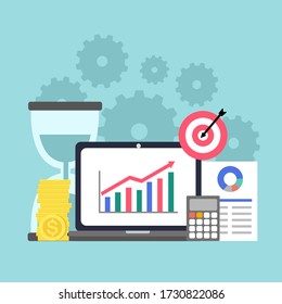 Return on investment ROI business marketing concept vector illustration. Financial chart, data analysis in flat design. Financial profit and increase income.