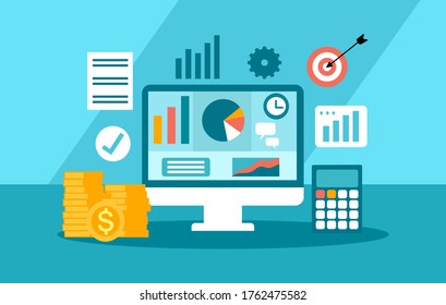 Return on investment ROI business marketing concept. Financial chart, data analysis vector illustration flat design. Financial report on company screen vector illustration.