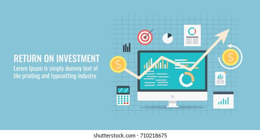 Return on investment, ROI, Business, profit, flat vector conceptual banner illustration with icons isolated on blue background