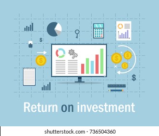 Return on investment, ROI, Business, profit, flat vector conceptual banner illustration with icons isolated on blue background