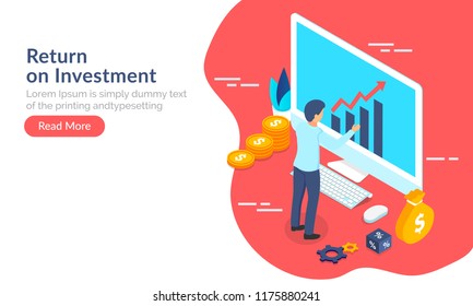 Return On Investment (ROI), businessman maintaining financial chart, responsive web banner design.