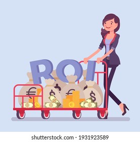 Return on Investment, ROI, businesswoman pushing trolley full of cash. Young woman with dollar sack cart, positive gain, financial training business performance. Vector flat style cartoon illustration