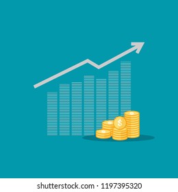 Return on investment ROI concept. business growth arrows to success. dollar stack pile coins and money bag. chart increase profit. Finance stretching rising up. banner flat style vector illustration.