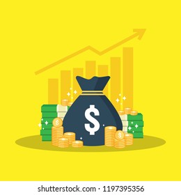 Return on investment ROI concept. business growth arrows to success. dollar stack pile coins and money bag. chart increase profit. Finance stretching rising up. banner flat style vector illustration.