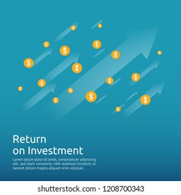 Return on investment ROI concept. business growth arrows to success. dollar stack pile coins and money bag. chart increase profit. Finance stretching rising up. banner flat style vector illustration