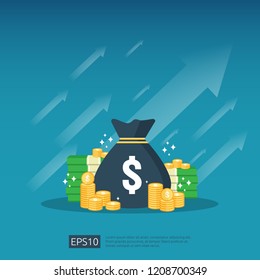 Return on investment ROI concept. business growth arrows to success. dollar stack pile coins and money bag. chart increase profit. Finance stretching rising up. banner flat style vector illustration