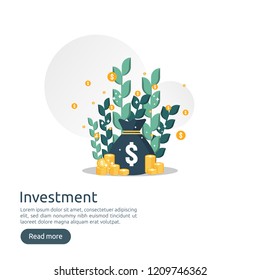 Return on investment ROI concept. business growth arrows to success. dollar stack pile coins and money bag. chart increase profit. Finance stretching rising up. banner flat style vector illustration