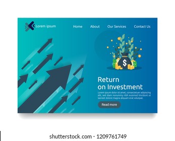 Return on investment ROI concept. Financial business growth arrows to success. dollar stack pile coins and money bag. chart increase profit. Finance stretching rising up. flat style web landing page.