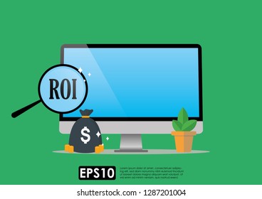 Return on investment ROI concept. Increase profit stretching rising up. Flat design of ROI icon with magnifying glass on computer screen and sack of money. Vector illustration.