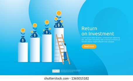 Return on investment ROI concept. business growth arrows to success. dollar plant coins, graph and money bag. chart increase profit. Finance stretching rising up. banner flat style vector illustration
