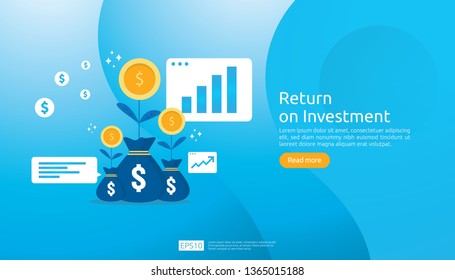 Return on investment ROI concept. business growth arrows to success. dollar plant coins, graph and money bag. chart increase profit. Finance stretching rising up. banner flat style vector illustration