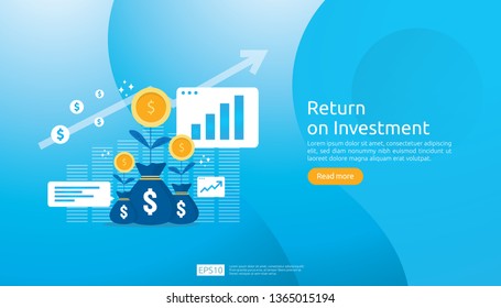 Return on investment ROI concept. business growth arrows to success. dollar plant coins, graph and money bag. chart increase profit. Finance stretching rising up. banner flat style vector illustration