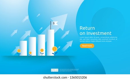 Return on investment ROI concept. business growth arrows to success. dollar plant coins, graph and money bag. chart increase profit. Finance stretching rising up. banner flat style vector illustration