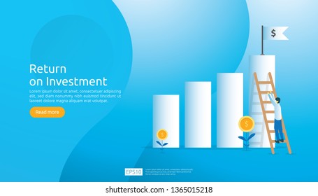 Return on investment ROI concept. business growth arrows to success. dollar plant coins, graph and money bag. chart increase profit. Finance stretching rising up. banner flat style vector illustration
