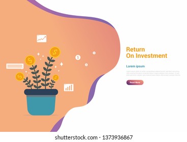Return on investment ROI concept. Business dollar plant coins, graph, chart increase profit and finance stretching rising up for web landing page template, banner, presentation, social and print media