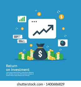 Return on investment ROI concept. business growth arrows to success. dollar stack pile coins and money bag. chart increase profit. Finance stretching rising up. banner flat style vector illustration.