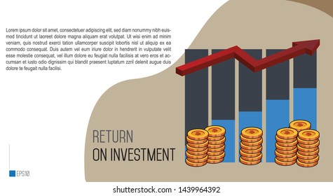 Return on investment ROI concept. business growth arrows to success. Dollar stack pile coins and chart increase profit. Finance stretching rising up. 