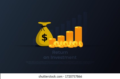 Return On Investment Roi Concept. Money Bag And Pile Of Coins. Graph Of Profit Increase, Arrow Towards Target. Financial Increase. Minimalist Design. Vector Illustration