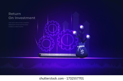 Return On Investment Roi Concept. Pile Of Coins. Graph Of Profit Increase, Arrow Towards Target. Financial Increase. Background Return On Investment, Backdrop Roi. Vector Illustration