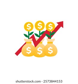 Return on investment ROI concept. business growth arrows to success. dollar plant coins, graph and money bag. chart increase profit. Finance stretching rising up. banner flat style vector illustration