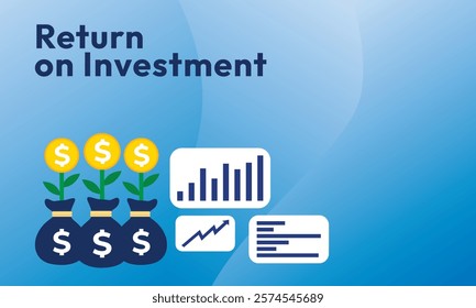 Return on investment ROI concept. business growth arrows to success. dollar plant coins, graph and money bag. chart increase profit. Finance stretching rising up. banner flat style vector illustration