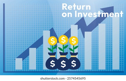 Return on investment ROI concept. business growth arrows to success. dollar plant coins, graph and money bag. chart increase profit. Finance stretching rising up. banner flat style vector illustration