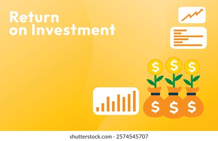 Return on investment ROI concept. business growth arrows to success. dollar plant coins, graph and money bag. chart increase profit. Finance stretching rising up. banner flat style vector illustration