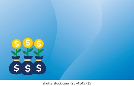 Return on investment ROI concept. business growth arrows to success. dollar plant coins, graph and money bag. chart increase profit. Finance stretching rising up. banner flat style vector illustration