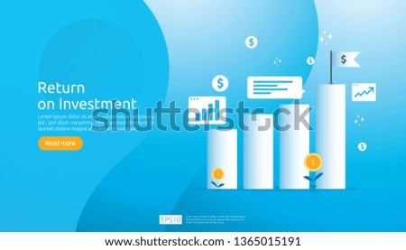 Return on investment ROI concept. business growth arrows to success. dollar plant coins, graph and money bag. chart increase profit. Finance stretching rising up. banner flat style vector illustration