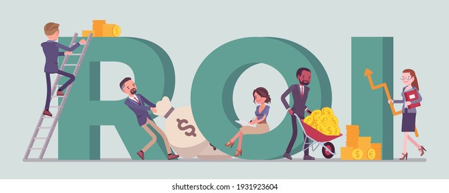 Return On Investment, ROI Gaining, Profit From An Activity. Young Happy Business People Among Giant Letters, Profitability Ratio For Financial Income Statement. Vector Flat Style Cartoon Illustration