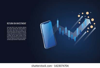 Return on investment ROI graph and chart increase with forex candlestick signal, arrow and gold coin. business growth arrows to success. business banner vector