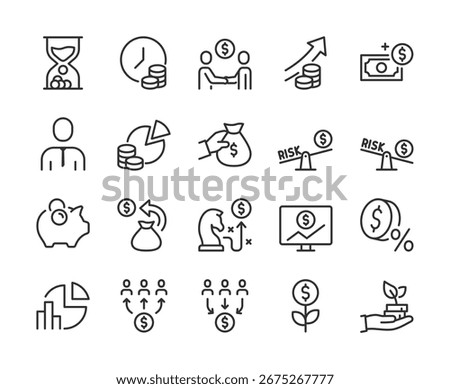 Return on Investment, ROI, icon set. Finance, profit, risk, strategy, savings, growth, percentage, charts, money management, revenue, investment planning, business success. Line with editable stroke