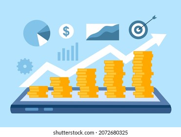 Return on investment ROI online marketing concept. Dollar coins on smartphone screen with financial chart and data analysis in flat design. Financial business profit and increase income.