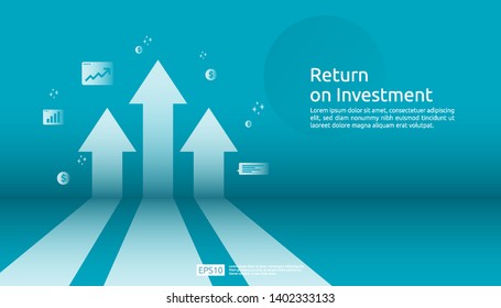 Return on investment ROI, profit opportunity concept. business growth arrows to success. arrow with dollar plant coins, graph and chart increase. business banner flat style vector illustration.