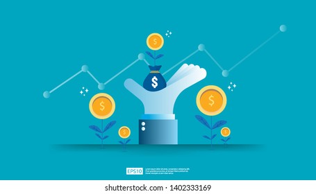 Return on investment ROI, profit opportunity concept. business growth arrows to success. grow dollar coin plant money bag on big investor hand with increase chart graph. business banner illustration.