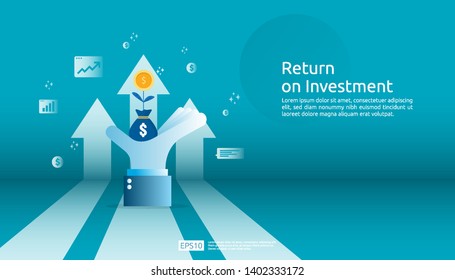 Return on investment ROI, profit opportunity concept. business growth arrows to success. grow dollar coin plant money bag on big investor hand with increase chart graph. business banner illustration.