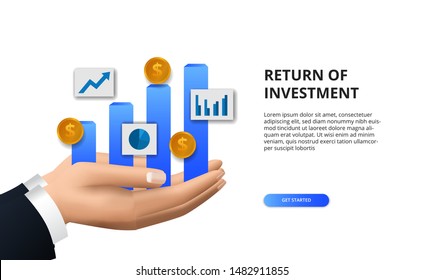 Return On Investment ROI, Profit Opportunity Concept. Business Finance Growth To Success. Hand Holding Bar Chart Info Graphic With 3D Golden Coin