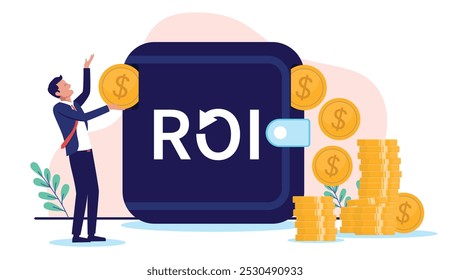 Return on investment and savings - Businessman person putting money and savings in wallet, investing and having great benefits and returns, making money and passive income. Flat design vector graphic