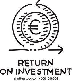 Rentabilidad de la inversión - ilustración vectorial esquemática. Moneda de euro rodando en el suelo con las flechas a su alrededor.